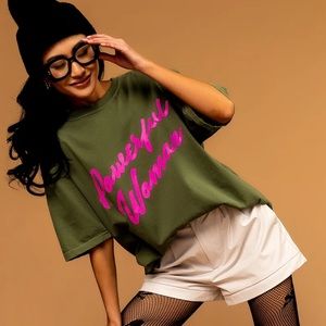 Dressed in Lala Powerful Woman Oversized Tee in Moss/Bubblegum